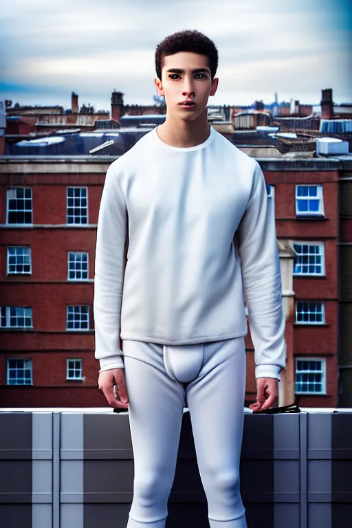 Image similar to un ultra high definition studio quality photographic art portrait of a young man standing on the rooftop of a british apartment building wearing soft padded silver pearlescent clothing. three point light. extremely detailed. golden ratio, ray tracing, volumetric light, shallow depth of field. set dressed.