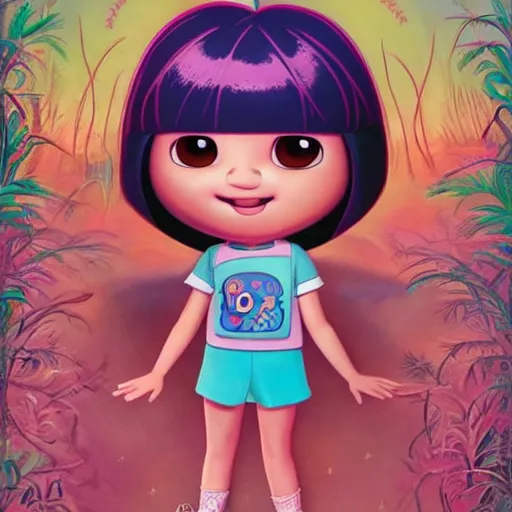 Image similar to dora the explorer as real girl in happy pose, detailed, intricate complex background, Pop Surrealism lowbrow art style, mute colors, soft lighting, by Mark Ryden and Allen Ginsberg, artstation cgsociety