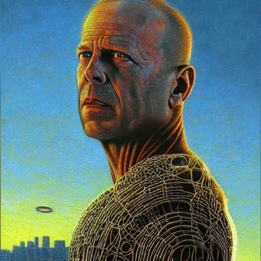 Prompt: bruce willis as a sci - fi alien hunter, hyperdetailed, golden and blue hour, art by peter gric