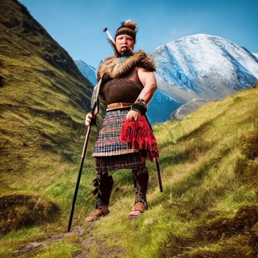 Prompt: highland warrior, mountain background, detailed clothing, low angle, charging down hill, mtg