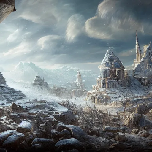 Image similar to An epic fantasy realism painting of a Hyperborean legendary city lost in tundra, fisheye, unreal engine 5, 4K, intricate, sharp focus, hyperrealistic, octane render dynamic lighting