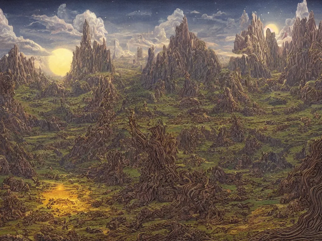 Image similar to fantasy landscape made by moebius with a 8 eyed humanoid god dealing cards over a medieval field