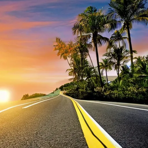 Prompt: the road goes into the sunset, the road is flanked by palm trees, the ocean is on the right side, the road is driven by a delorian.