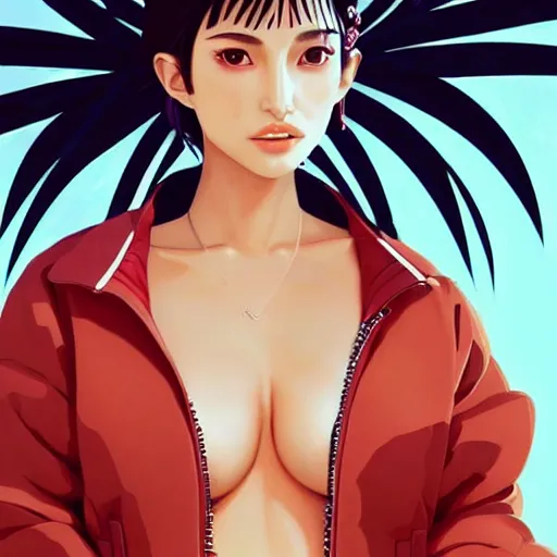 Image similar to a beautiful young japanese natalie portman alluring gravure model, stylized concept art, wearing elaborate oversized designer bomber jacket and one piece bikini, bulky bomber jacket with mesoamerican patterns, mesoamerican native street fashion, princess mononoke, painted by ilya kuvshinov aesthetic, gorgeous, stunning, alluring, attractive, artstation, pinterest, digital art