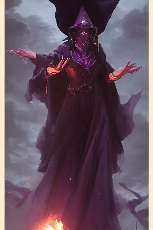 Image similar to A beautiful dark magician women wearing a large witches hat that covers her face by Greg Rutkowski, Sung Choi, Mitchell Mohrhauser, Maciej Kuciara, Johnson Ting, Maxim Verehin, Peter Konig, mythical, 8k photorealistic, cinematic lighting, HD, high details, atmospheric,