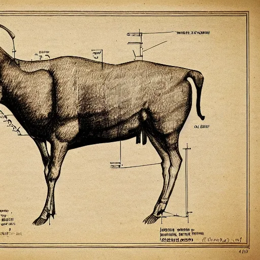 Image similar to blueprint technical drawing of a steak, schematic, sepia, old paper