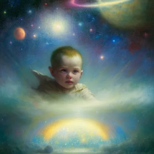 Image similar to a lonley and gloomy baby in middle of space surrounded by colorful stars planets and galaxies, high detail, by gaston bussiere, bayard wu, greg rutkowski, odd nerdrum, maxim verehin, dan dos santos, masterpiece, sharp focus, cinematic lightning