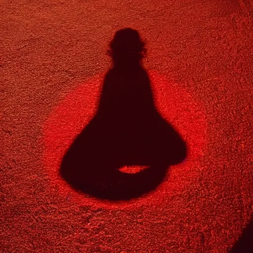 Prompt: red light from above outlines the shadow of her beautiful shape on the floor below