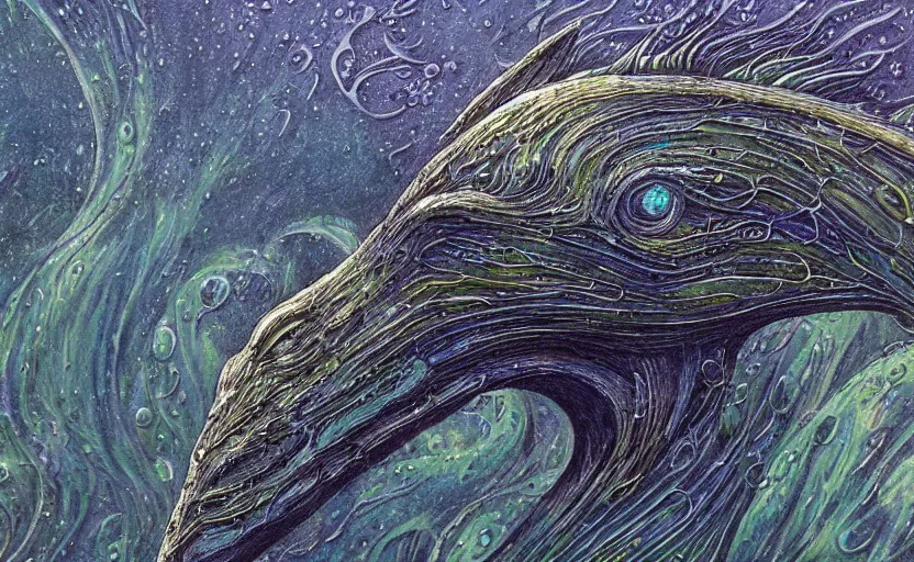 Prompt: a close up of a painting of a Kelpie underwater, an ultrafine detailed painting by John Howe, by György Vastagh, by Jeffrey Smith, behance contest winner, space art, acrylic pour, lovecraftian, cosmic horror, biomorphic, hyper realsim