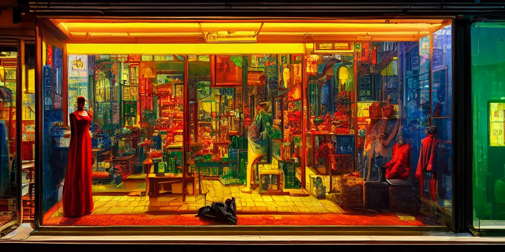 Image similar to s shop window in hong kong, by dan mumford and peter doig and edward hopper, highly detailed, dramatic lighting, 8 k