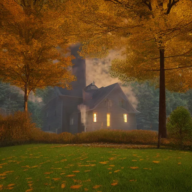 Prompt: black colonial new england house, tall maple tree in yard, large chimney with smoke, old street lamp, lights on inside, fall foliage, vermont mountain background, light cinematic, volumetric, realistic, cinematic lighting, ray tracing, unreal engine 5, octane render, hyper realistic, 8 k