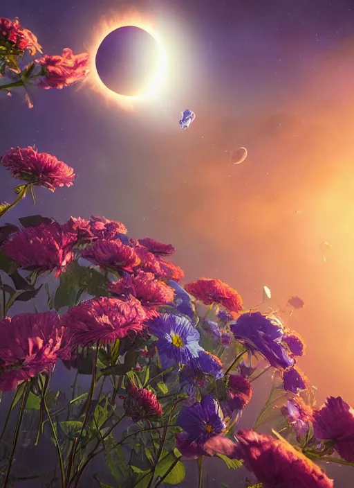 Image similar to An epic fantastic realism comic book style painting of the most beautiful flowers launched into space, bouquets, solar eclipse, fisheye, unreal 5, DAZ, hyperrealistic, octane render, dynamic lighting