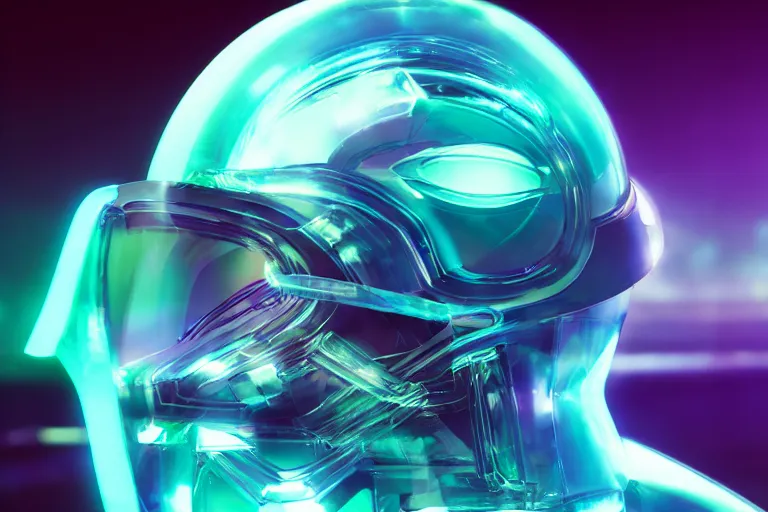 Image similar to futuristic translucent fluid aquamarine cyber helmet visor, intricate, glowing, eyecandy, colorful, 3 d, octane render, photorealistic, modern, warp,