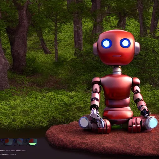 Prompt: 3d render of cel-shaded friendly robot sitting cross-legged with its head down on a small hill, in a fantasy forest with blooming trees and surrounded my wildlife, river flowing beside the robot, 4k, highly detailed, Unreal Engine, octane render, trending on artstation