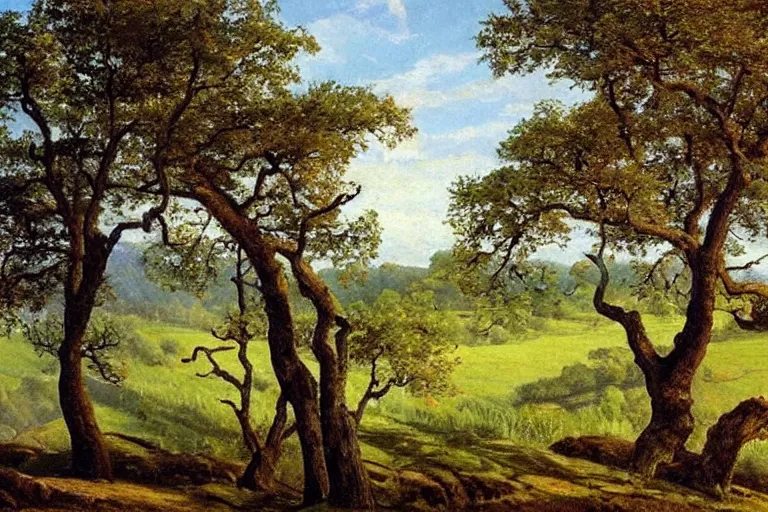 Image similar to masterpiece painting of oak trees on a hillside overlooking a creek, by arkady rylov