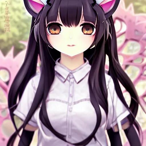 Image similar to nekopara fantastically detailed eyes cute girl portrait with fantastically detailed cat ears!!!!!!!!!!!! dressed like a cat modern anime style, made by Laica chrose, Mina Petrovic, Ross Tran, WLOP, Ruan Jia and Artgerm, Range Murata and William-Adolphe Bouguereau, Cell shading modern anime trending professional digital art unreal Engine Fantasy Illustration. award winning, Artstation, intricate details, realistic, Hyperdetailed, 8k resolution