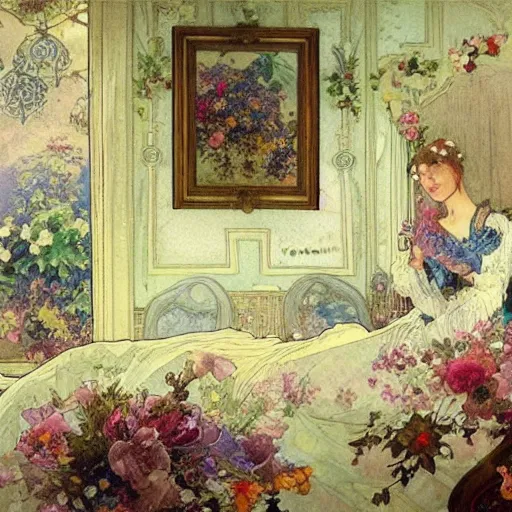 Image similar to a beautifull intricate watercolour painting of a victorian bedroom with many flowers, reflexions, verry high details by william turner art, greg rutkowski and alphonse mucha, trending on artstation, very very detailed, masterpiece,