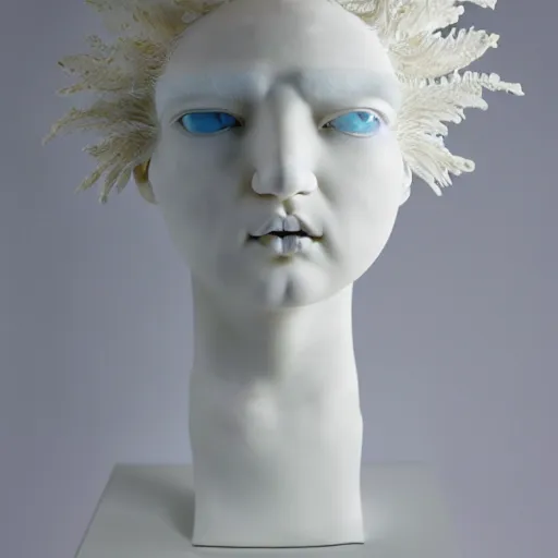 Image similar to full head and shoulders, beautiful female porcelain sculpture by daniel arsham and james jean, smooth skin. all white features on a clear white background, delicate facial features, white eyes, white lashes, detailed white, lots of 3 d giant lillies on head, gold leaf