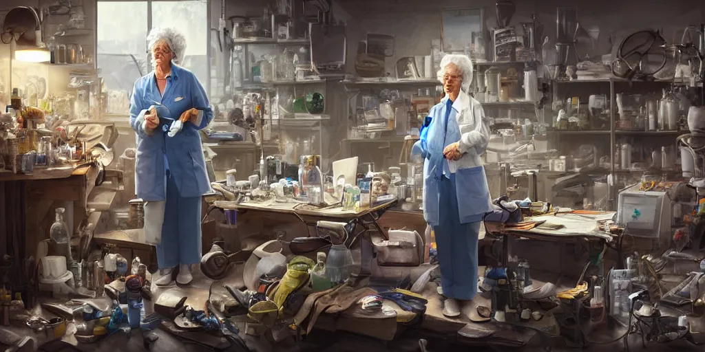 Image similar to an environmental concept art of an elderly female scientist in a cluttered workshop, surigcal impliments, surgery table, highly detailed, cinematic, dramatic