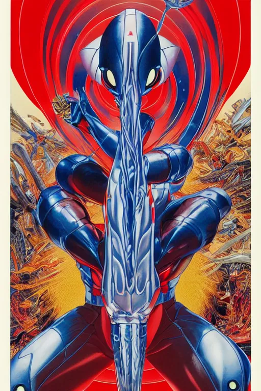 Image similar to poster of ultraman, symmetrical, by yoichi hatakenaka, masamune shirow, josan gonzales and dan mumford, deayami kojima, takato yamamoto, barclay shaw, karol bak, yukito kishiro