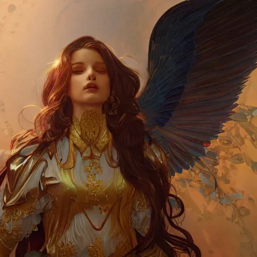 Prompt: golden angel, fantasy, highly detailed, digital painting, artstation,illustration, art by artgerm and greg rutkowski and alphonse mucha