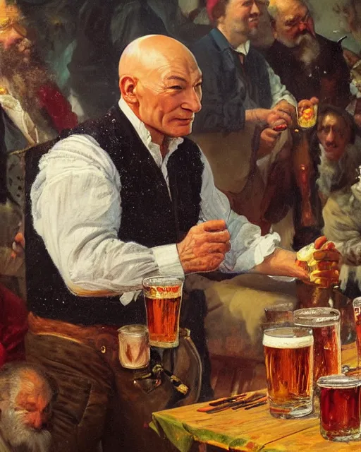 Image similar to a painting of patrick stewart holding a mug of beer at the oktoberfest, a detailed painting by konstantin makovsky and by jan matejko and by nikolay makovsky, shutterstock contest winner, german romanticism, detailed painting, oil on canvas, wimmelbilder