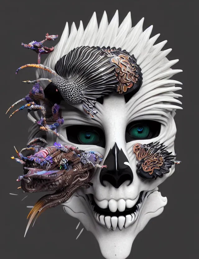 Image similar to 3 d goddess close - up profile simple portrait punk with mohawk with tiger skull. beautiful intricately detailed japanese crow kitsune mask and clasical japanese kimono. betta fish, jellyfish phoenix, bio luminescent, plasma, ice, water, wind, creature, artwork by tooth wu and wlop and beeple and greg rutkowski