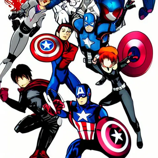 Image similar to the avengers in the style of yuyuko takemiya and gen urobuchi