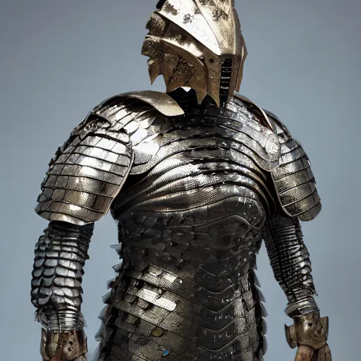 Image similar to a humanoid Pangolin armored knight with metallic armor that looks similar to a pangolin and biotechnology mesh