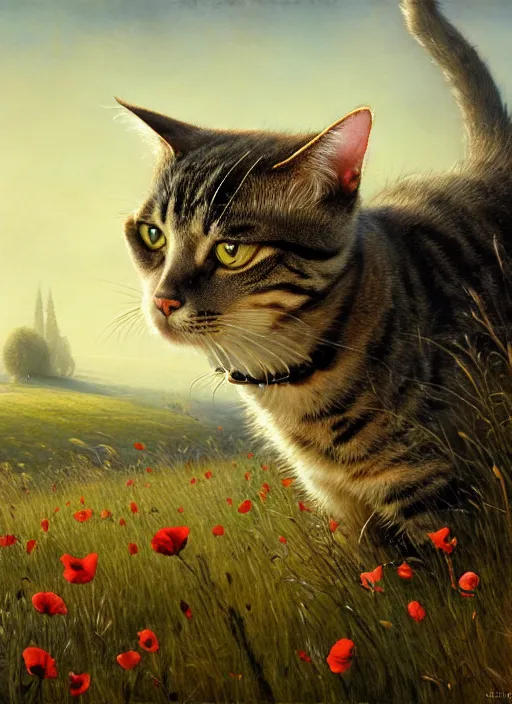 Prompt: the cat in the field from poppy and tulip, hyperrealism, no blur, 4 k resolution, ultra detailed, style of ivan shishkin, tyler edlin, tom bagshaw, arthur rackham