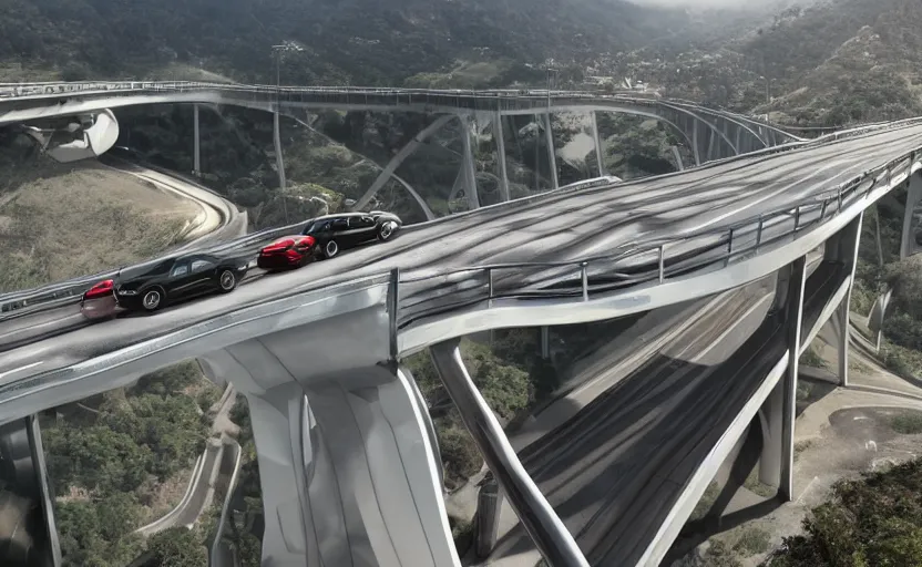 Prompt: valley of chrome, futuristic car driving on elevated highway