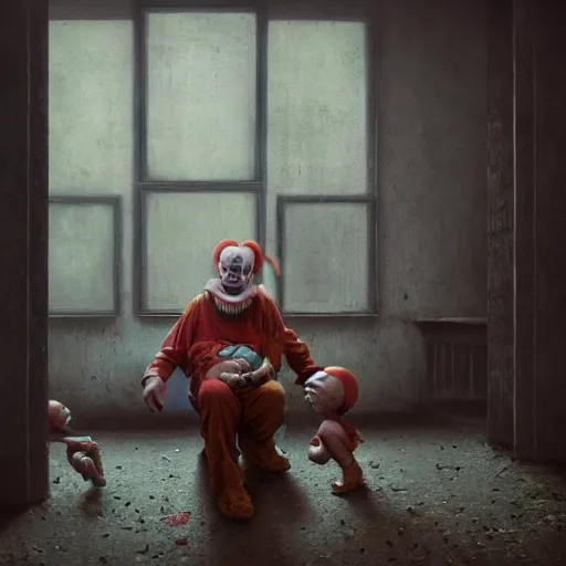 Prompt: a clown holding a baby inside an abandoned hospital, beksinski, dariusz zawadzki, wayne barlowe, very coherent symmetrical artwork, cinematic, hyper realism, high detail, octane render, 8 k