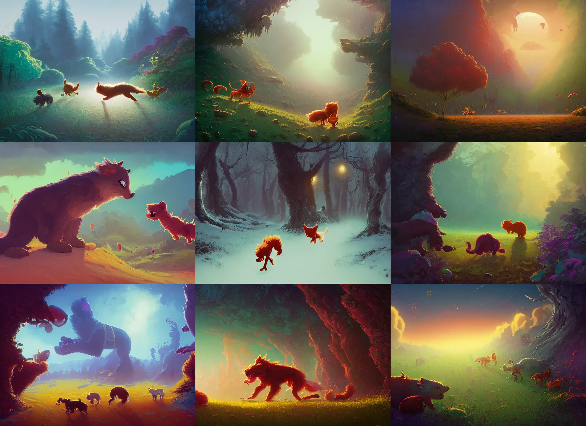 Prompt: furry creatures chasing eachother, Alena Aenami, Petros Afshar, Noah Bradley, Anton Fadeev, Anato Finnstark, Steve Henderson, Filip Hodas, Mark Keathley, Thomas Kinkade, Phil Koch, Gilbert Williams, Mike Winkelmann, Beeple