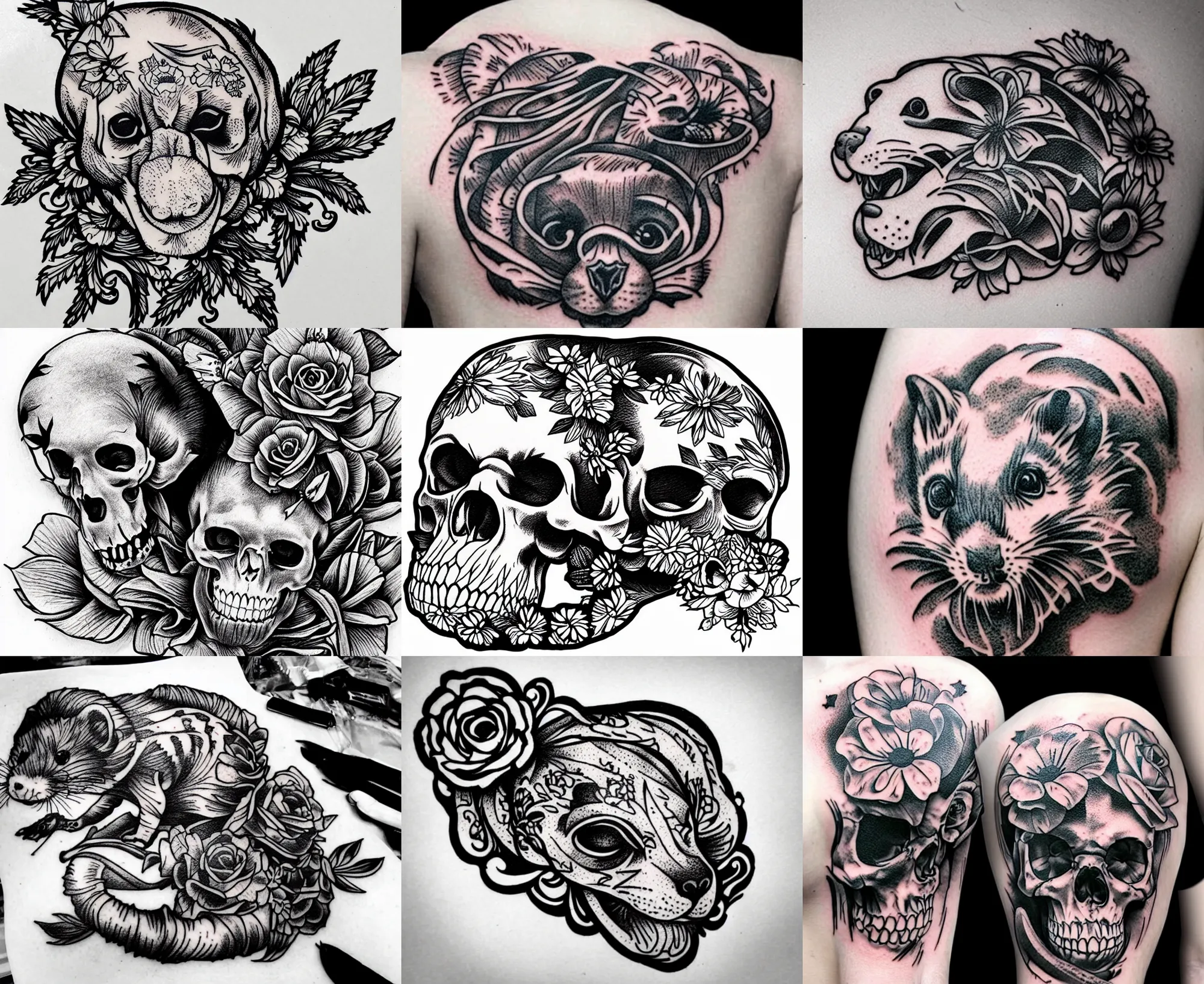 Image similar to detailed amazing tattoo stencil of a floral ferret crawling on a human skull