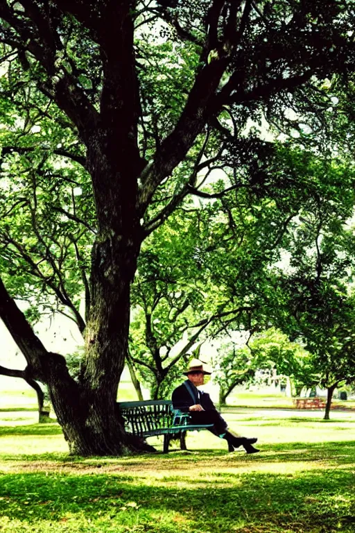 Image similar to a detective from the 5 0's, sitting in a park under a big tree