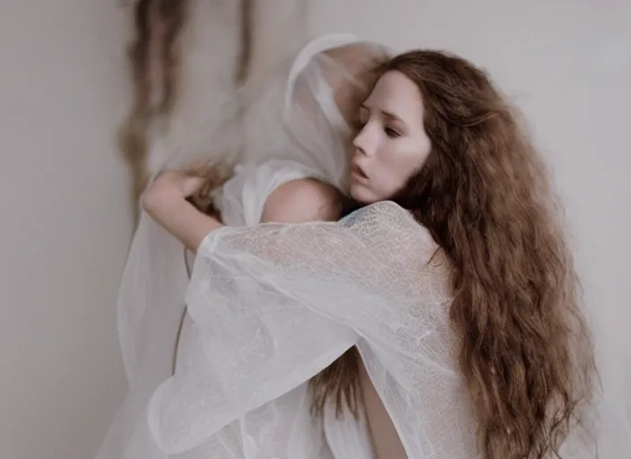 Image similar to jesus hugging a woman from behind, spirit hugs, in style of paolo roversi, britt marling style 3 / 4, long hair, a beautiful ethereal lace white robe, 8 k, soft focus, soft light, volumetric lighting, highly detailed realistic, refined, highly detailed, natural outdoor soft pastel lighting colors scheme