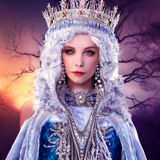 Image similar to beautiful ice queen with ornate cloak and crown, highly detailed, 4k, HDR, sharp focus, hyper realistic,