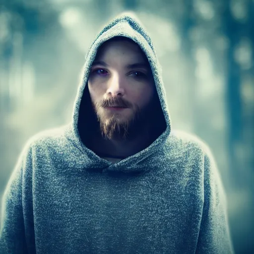 Image similar to portrait of a mysterious wizard with a Hood, bright eyes, fantasy, bokeh, magic lights, cinematic