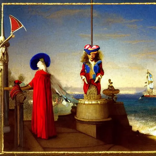 Prompt: A snake with jester hat and clothes on a greek circle archi on the front of a Balustrade with a beach and a sail boat on the background, major arcana cards, by paul delaroche and arnold böcklin hyperrealistic 8k, very detailed