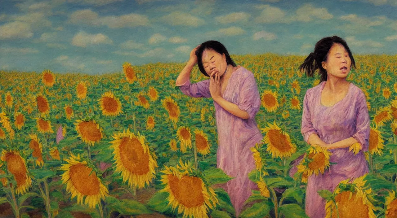 Prompt: impressionist style painting of asian woman crying with hands on broken back, field of sunflowers, overcast weather