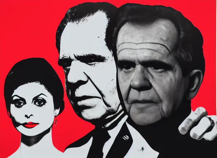 Image similar to Morena Baccarin and Richard Nixon doing Heroin by Andy Warhol, oil on Canvas, fine details, 4K Studio photo