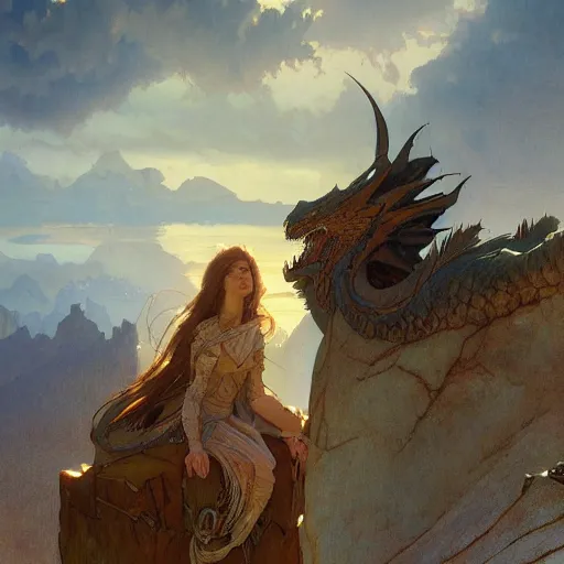 Prompt: concept art, dragons, 8 k, by james gurney, greg rutkowski, and john howe, background of the sky at dusk by alphonse mucha, artstation