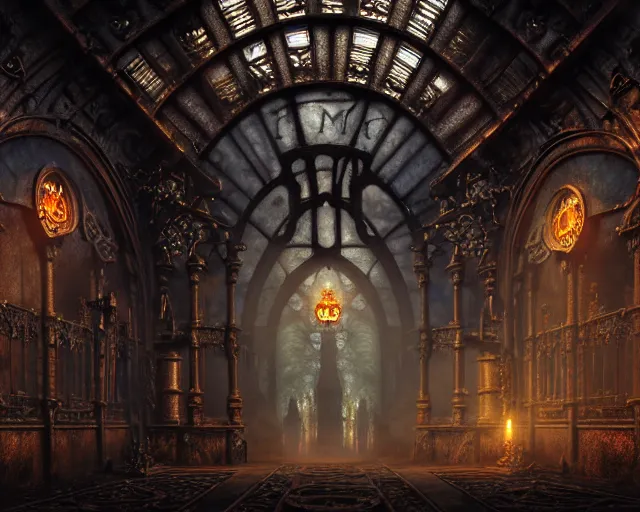 Image similar to steam necropolis, memento mori, gothic, neo - gothic, art nouveau, hyperdetailed copper patina medieval icon, stefan morrell, philippe druillet, ralph mcquarrie, concept art, steampunk, unreal engine, detailed intricate environment, octane render, moody atmospherics, volumetric lighting, ultrasharp, ominous, otherworldly