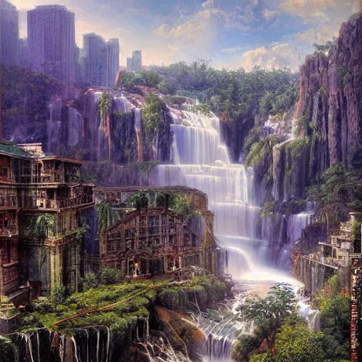 Image similar to waterfall city by james gurney