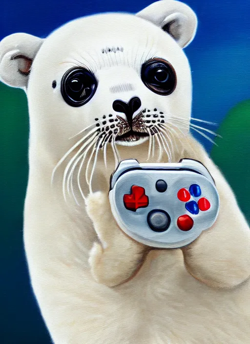 Image similar to highly detailed painting of cute furry white baby seal with an xbox controller by william turner, thick brush strokes and visible paint layers, 4 k resolution