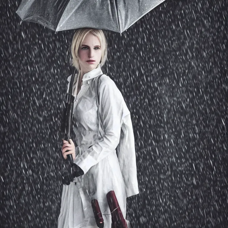 Image similar to cute annie leonhart with an umbrella wallpaper, beautiful face, pale skin, rule of thirds, cinematic lighting, rainy weather, melancholy atmosphere, sharp focus, backlit, model agency, instagram photo, shot on iphone 1 3 pro max, hyper realistic,