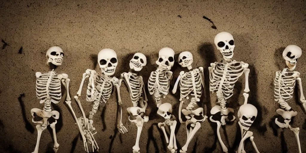 Prompt: skeletons holding each other in fear for their lives, dimly lit underground wide angle view