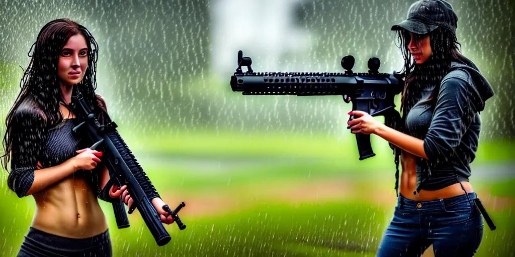 Image similar to hyperrealistic photo of a hot wet girl in the rain holding an ar - 1 5, 8 k