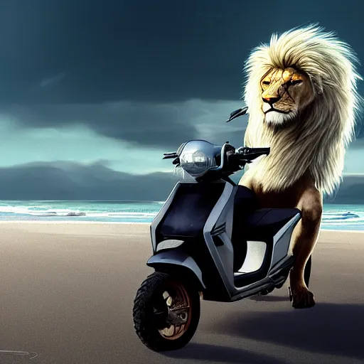 Prompt: commission of a male anthropomorphic albino lion driving a scooter on a beach,digital art,art by greg rutkowski,trevor henderson,ross tran,photorealistic,hyperdetailes,highly realistic,natural lighting,deviantart,artstation,dramatic,cinematic,4k,western comic style