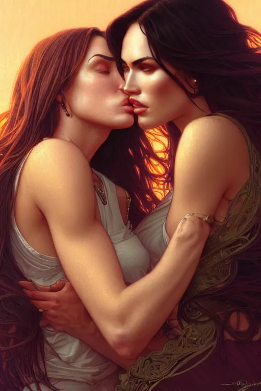 Image similar to portrait of megan fox kissing other woman, intricate, headshot, highly detailed, digital painting, artstation, concept art, sharp focus, cinematic lighting, illustration, art by artgerm and greg rutkowski, alphonse mucha, cgsociety